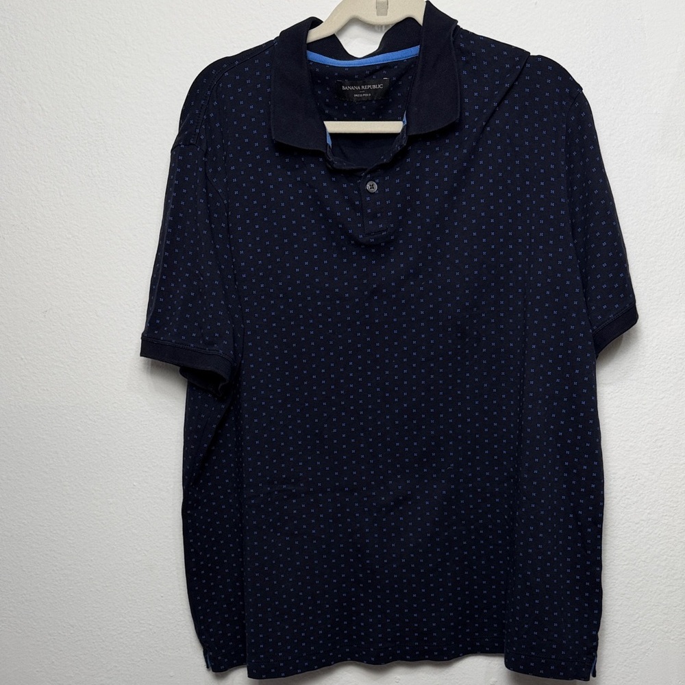 Banana Republic Mens XL Navy Blue Geometric Print Cotton Short Sleeve Dress Polo